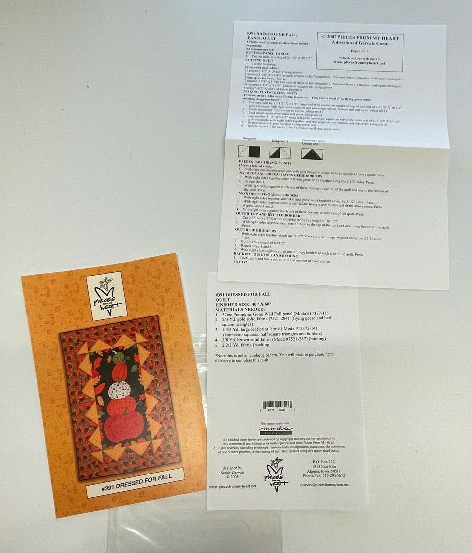 Quilt Size 40"x60" pattern Dressed for Fall Pieces from My Heart 40"X52" MODA