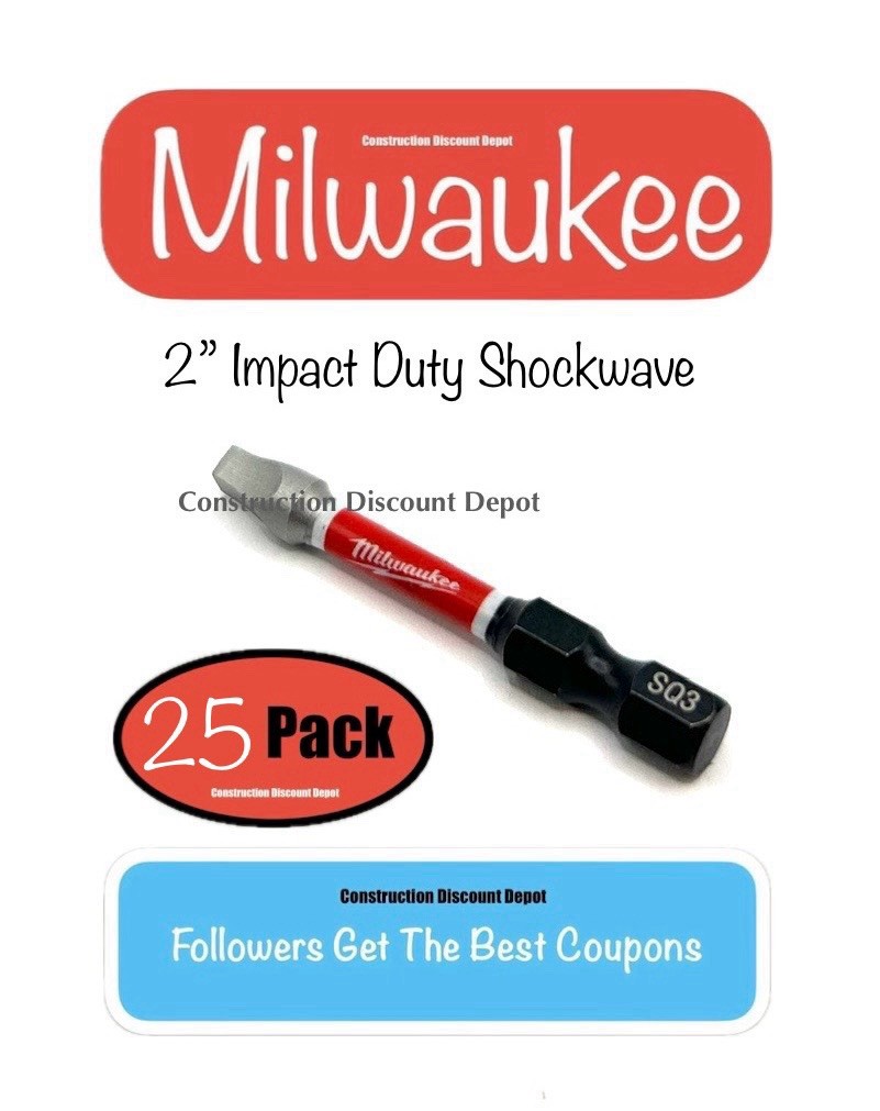 Bulk 25 Square #3 SQ3 Milwaukee Shockwave Impact Duty Bit 2" Drill Bits