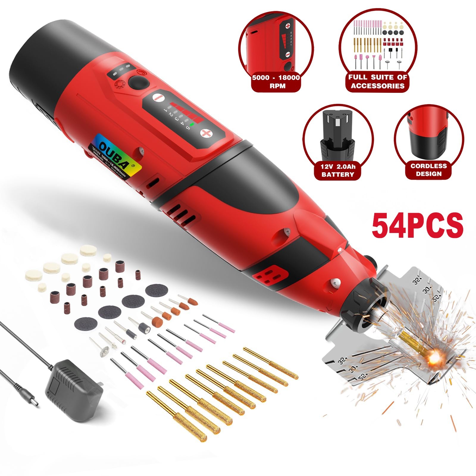 OUBA Cordless Rotary Tool Kit 12V 18000RPM 54PC w/Accessories Chainsaw Sharpener