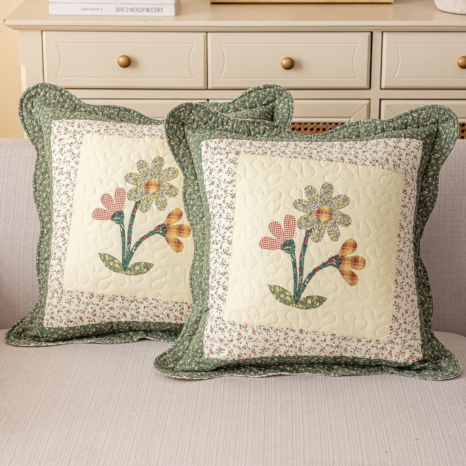 vctops Set of 2 Cotton Quilted Decorative Square 18" x (Pack 2), Green