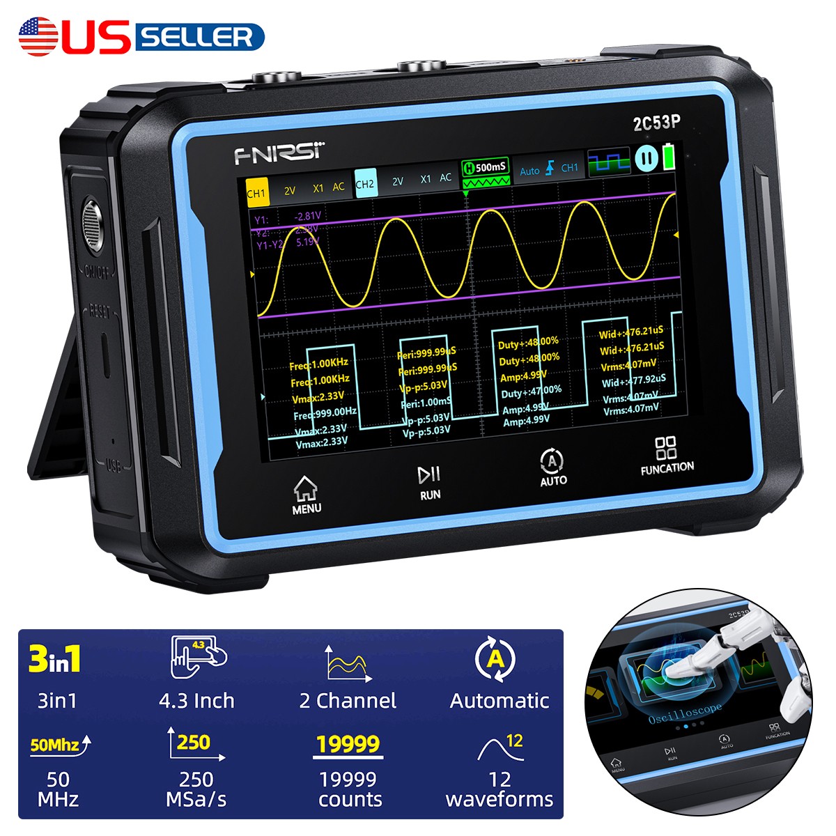FNIRSI 2C53P LCD 2 Channel Signal Generator Digital Storage Oscilloscope 250MS/s