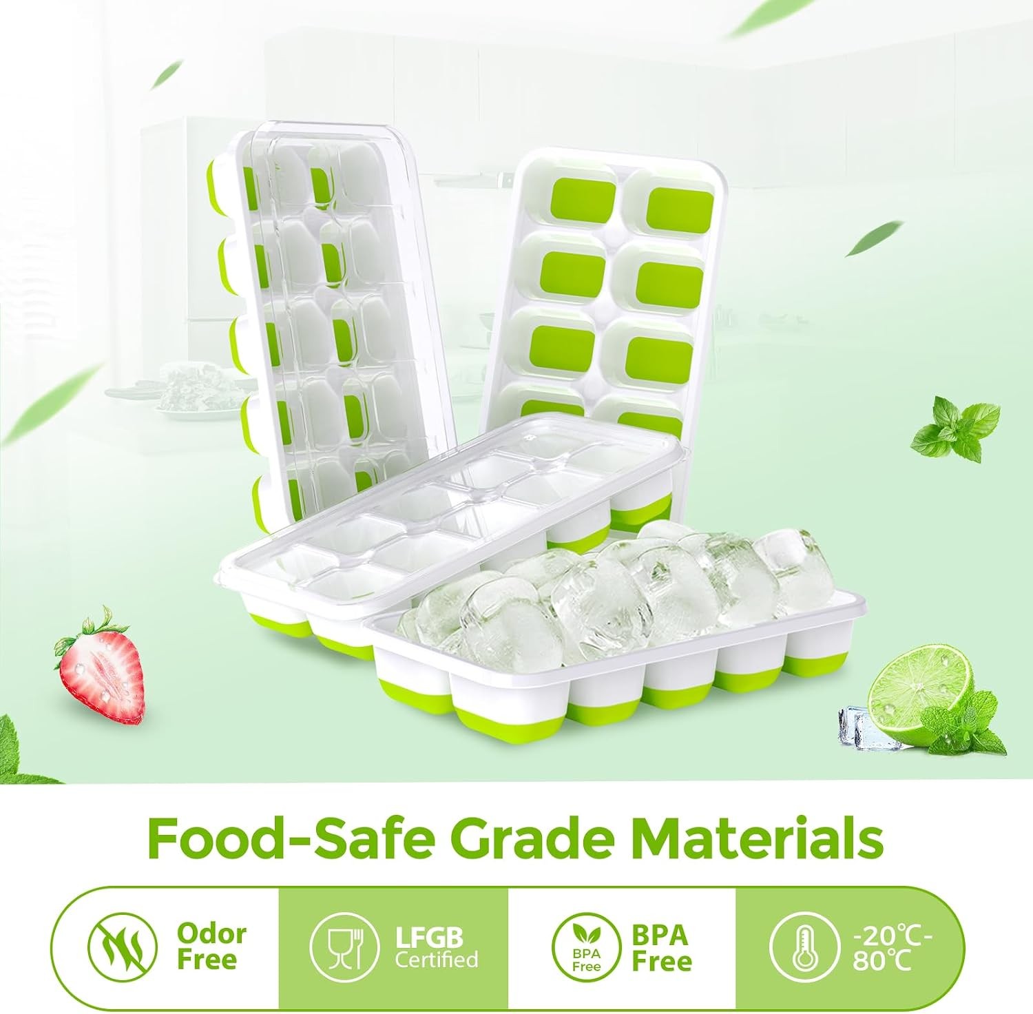 Ice Cube Tray with Lids - 4 Pack Stackable Silicone Ice Trays for Freezer, BPA &