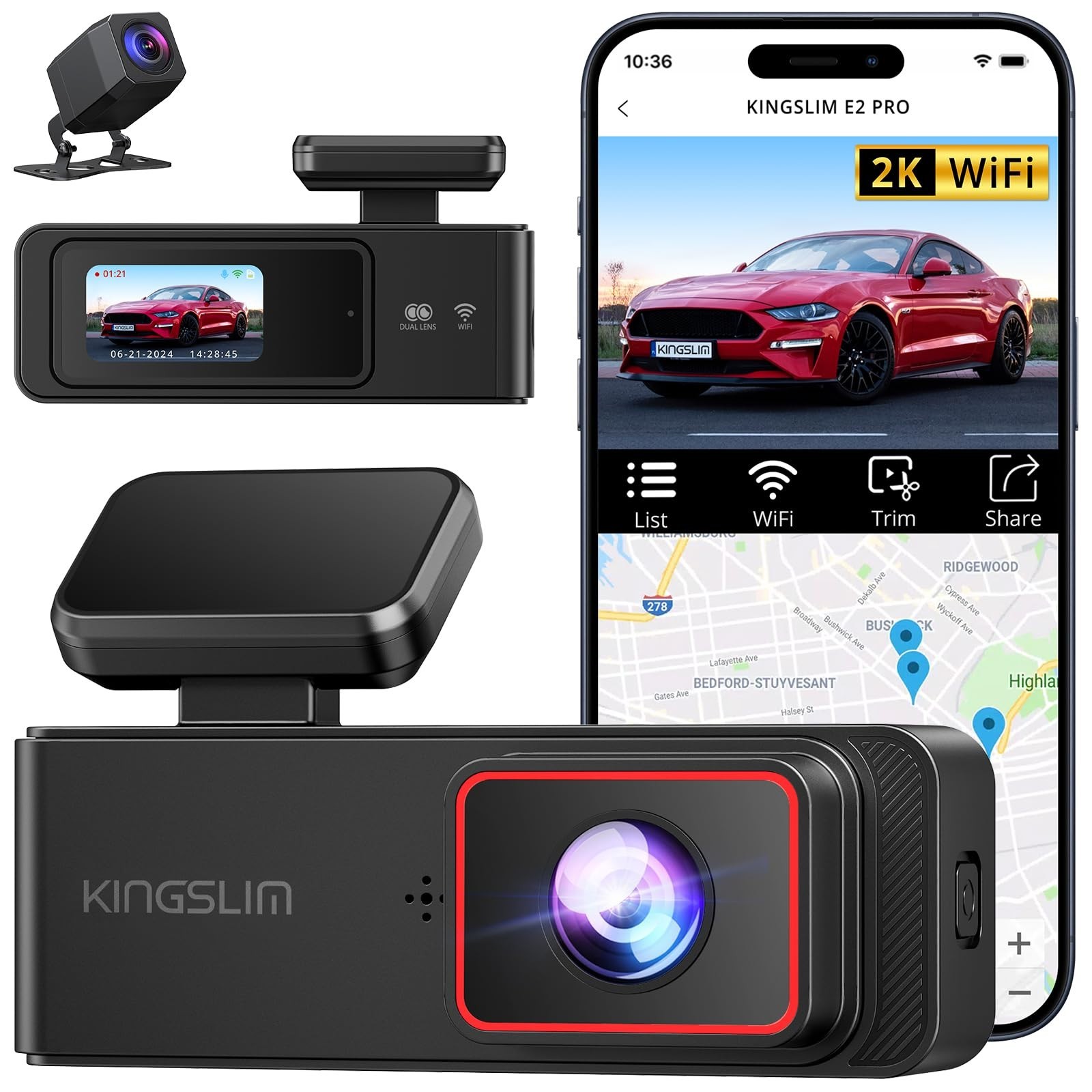 Kingslim E2PRO Front & Rear Dual Dash Cam Black Parking Monitor Loop Recording