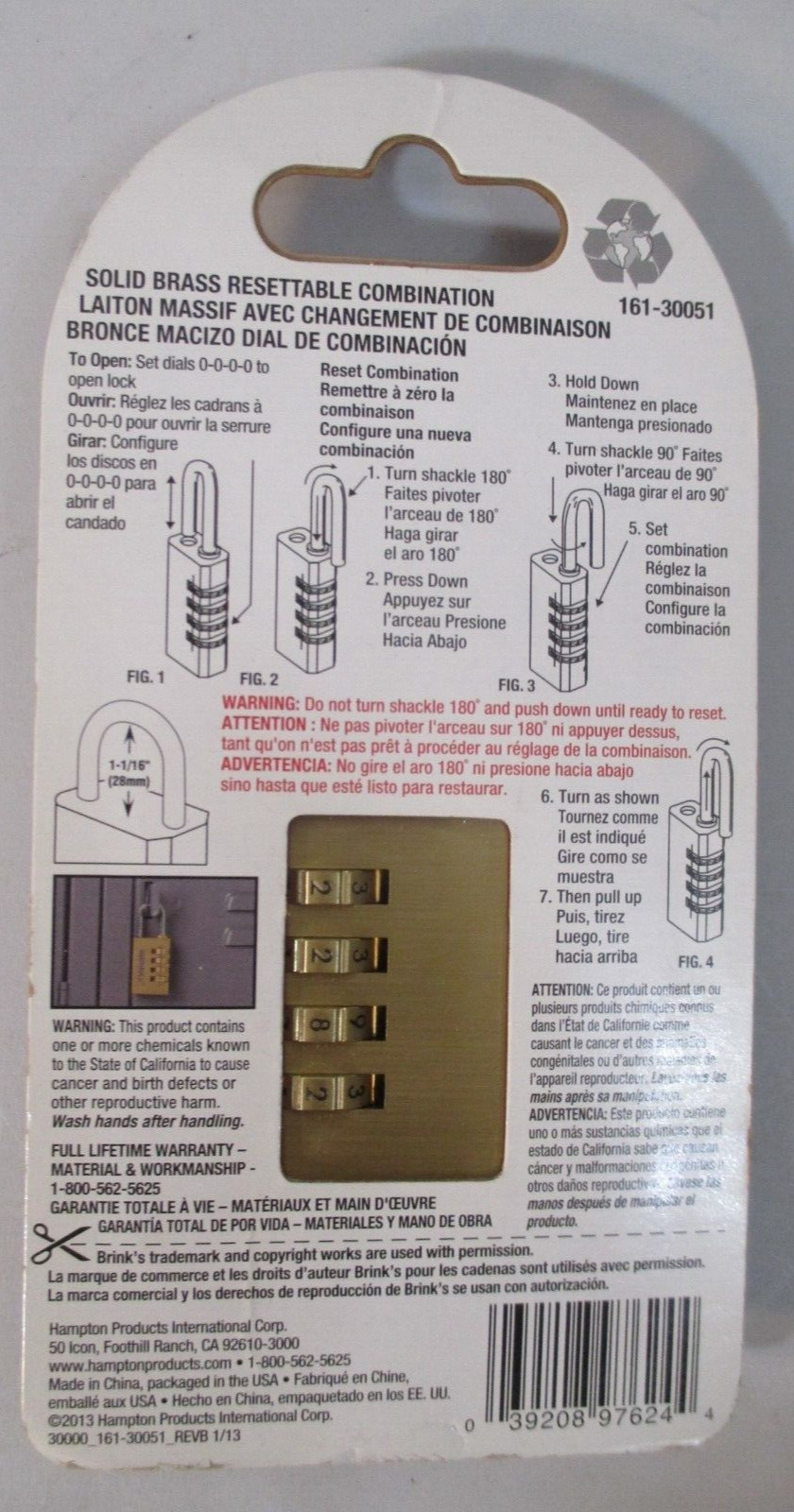 BRINKS 30mm 4-Dial Combination Weather-Resistant SOLID BRASS Security PADLOCK