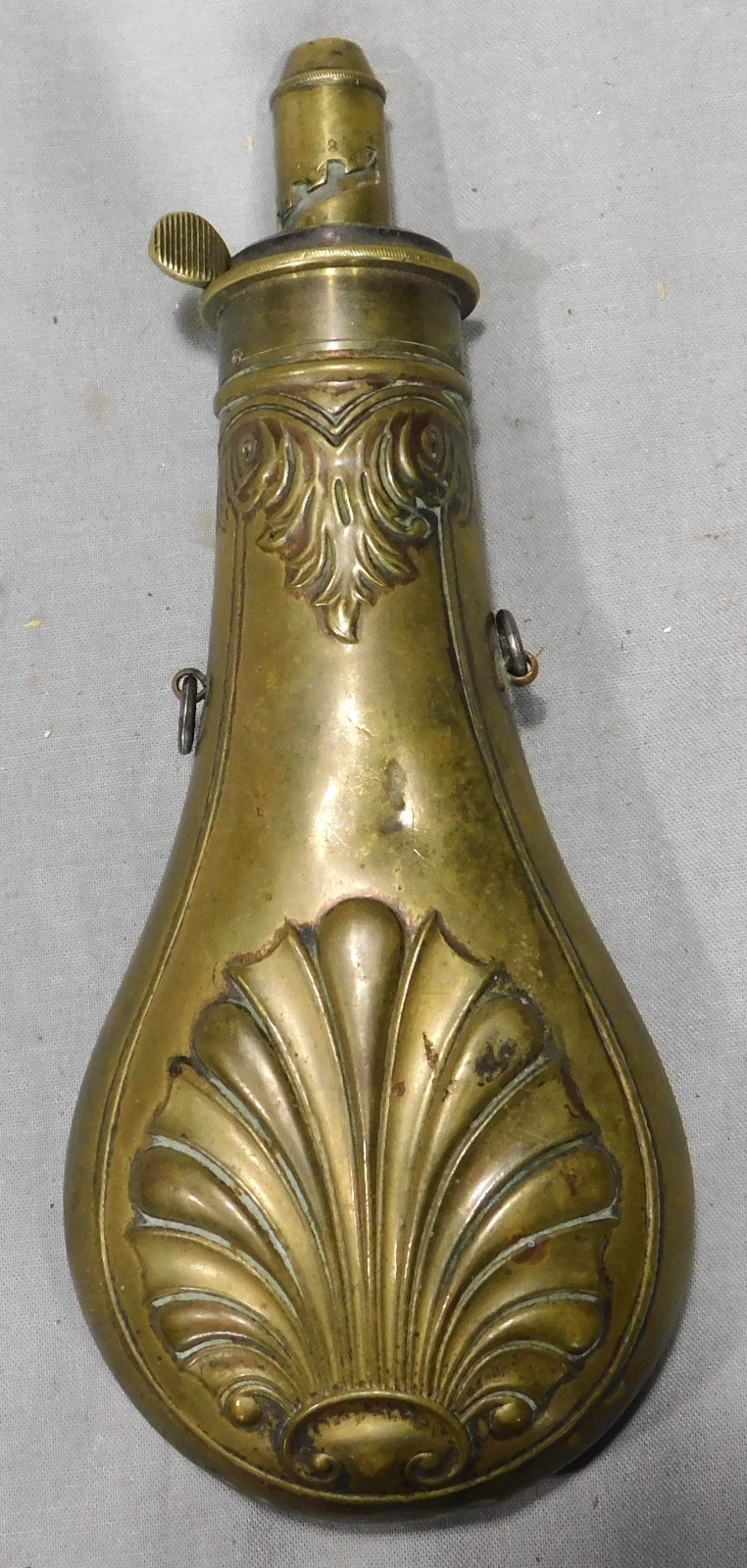Antique Frary Benham & Co Brass Black Powder Flask Shell Pattern 1850 Adjustable