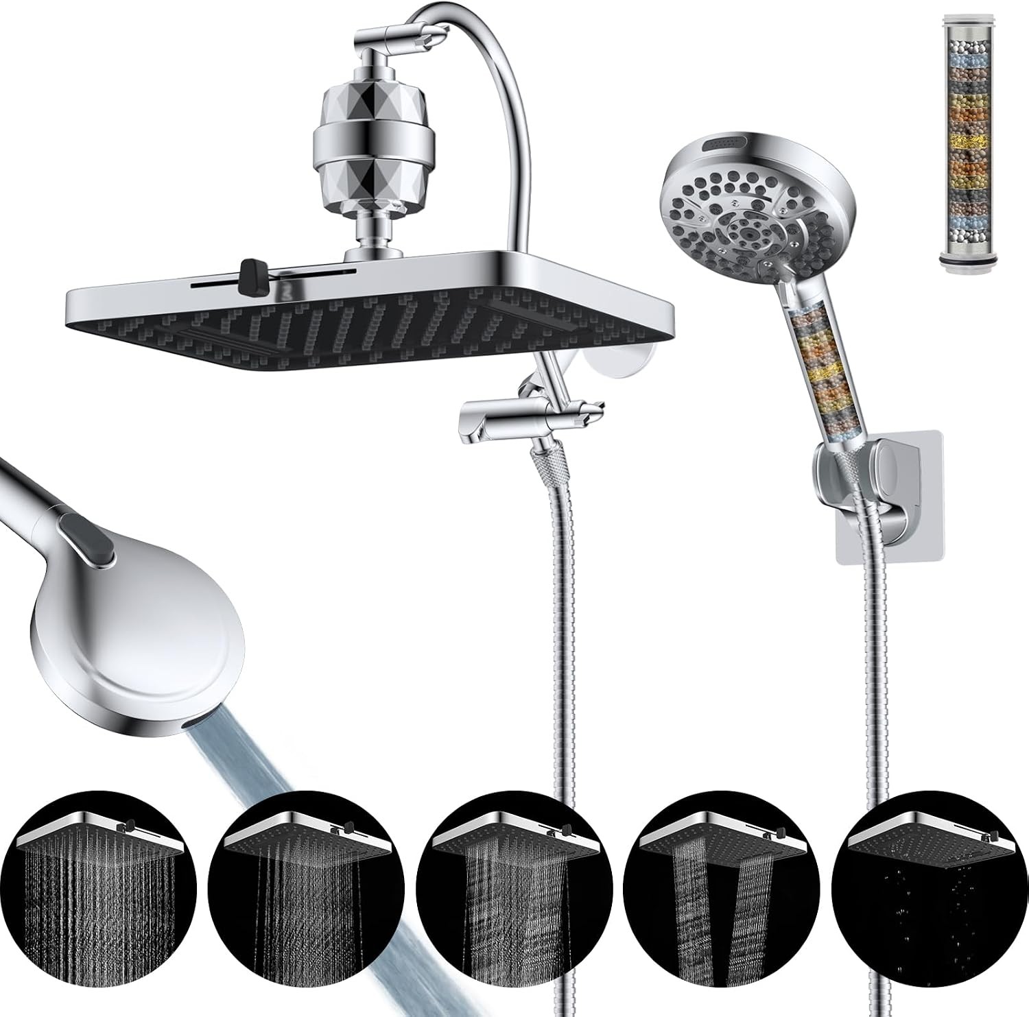 Upgraded 5-spray 13'' Dual Filtered Rainfall Shower Head Combo, High Pressure