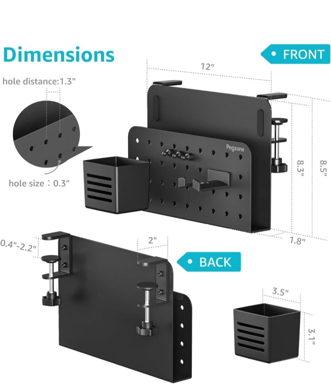 Pegzone HW1106BK Clamp Mount Pegboard Organizer for Desks, Black