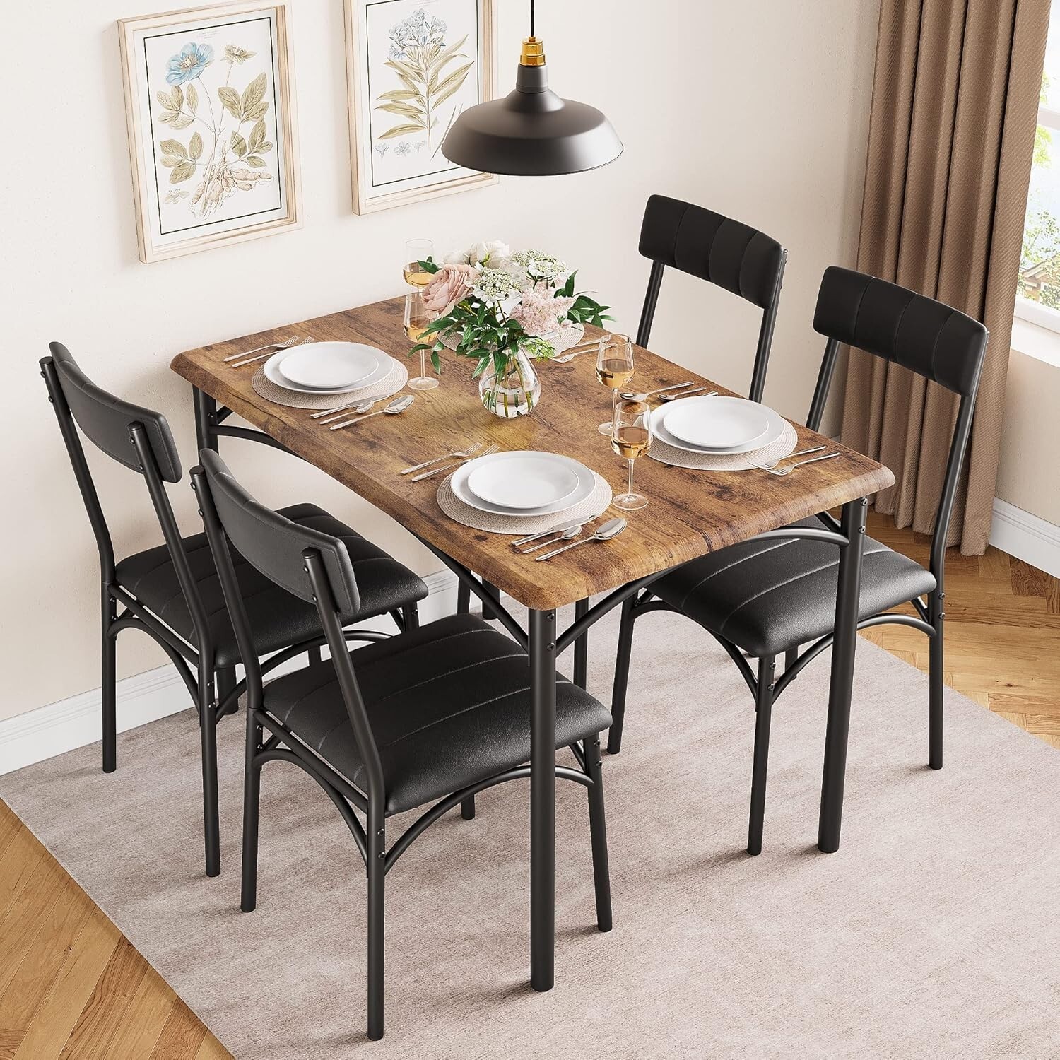 Dining Table Set for 4, Kitchen Table with 4 Upholstered Chairs for Small Space