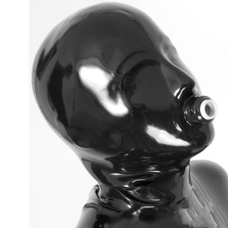 Black Latex/Rubber Hood Mouth Tube Zipper Back Club Wear Costume Cosplay Mask US