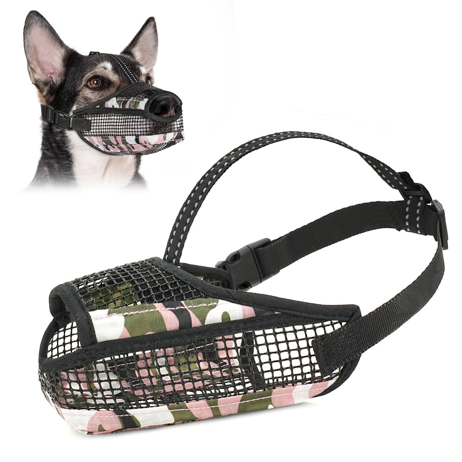 Soft Mesh Dog Muzzle with Reflective Adjustable Strap, Lightweight Muzzle for...