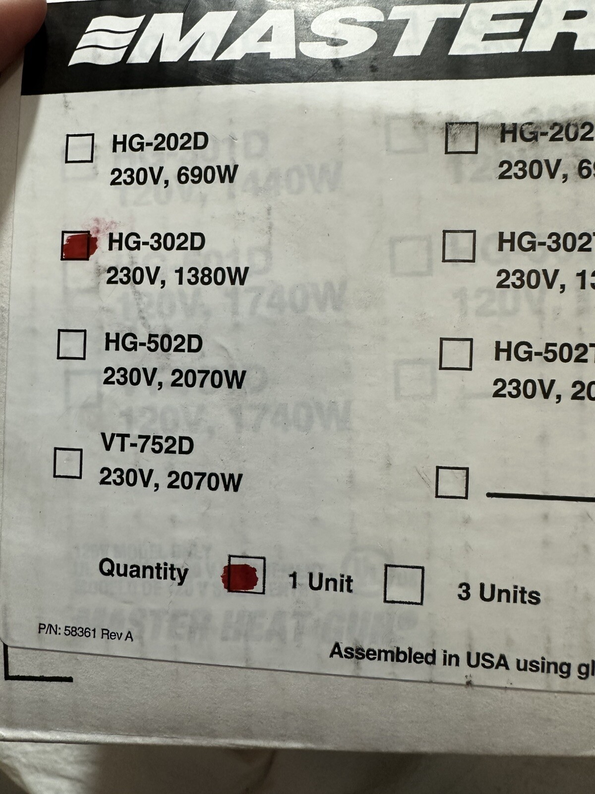 Master Appliance HG-302D Heat Gun, Electric Powered, 220V Ac, Fixed Temp 1a0