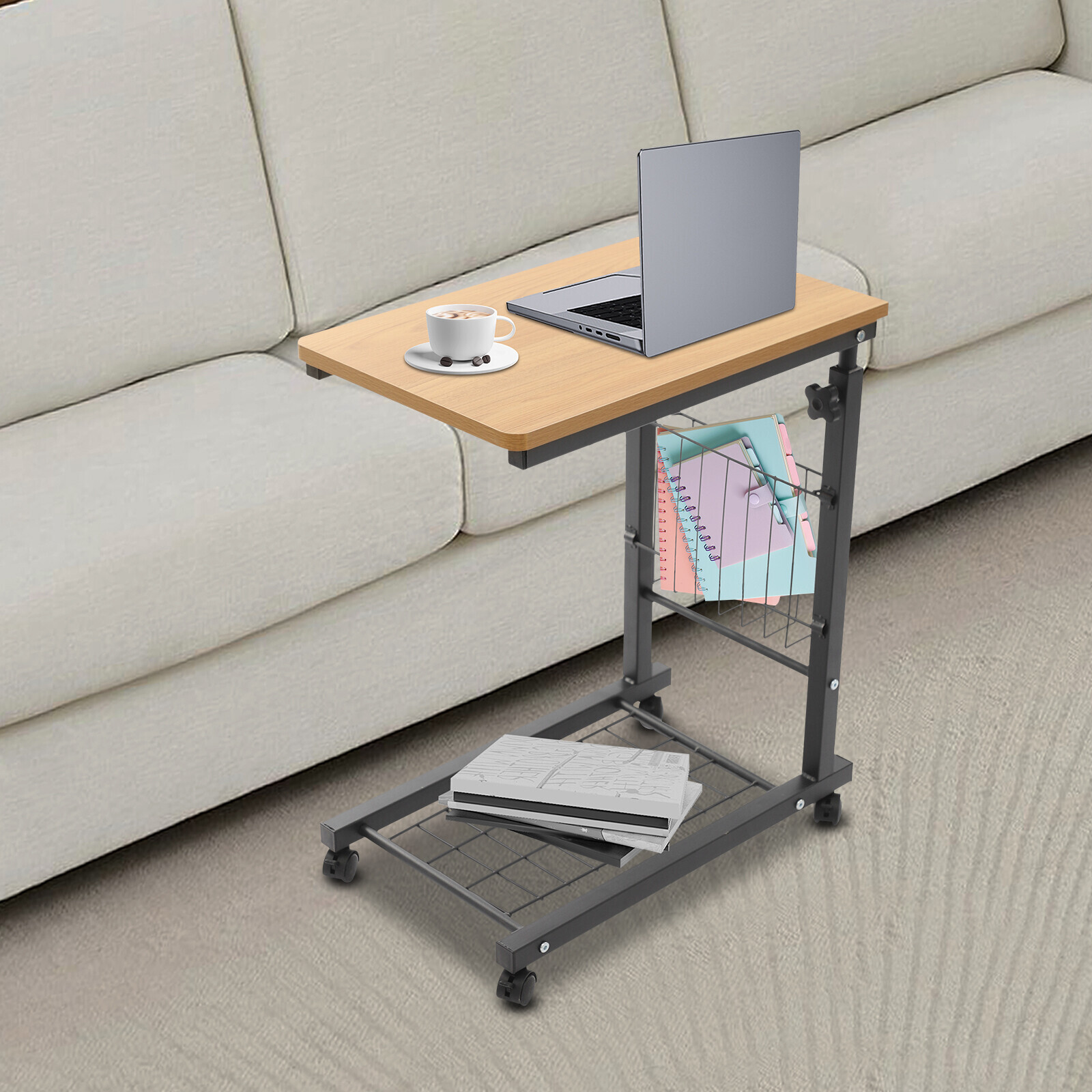 Height Adjustable C-Shaped Teak 2-Tier Bedside Table with Wheels & Brakes