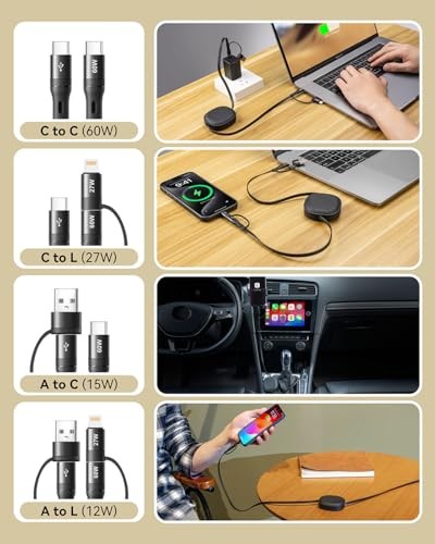 5-in-1 Retractable Multi Charging Cable Fast Charging 60W, USB A/C to