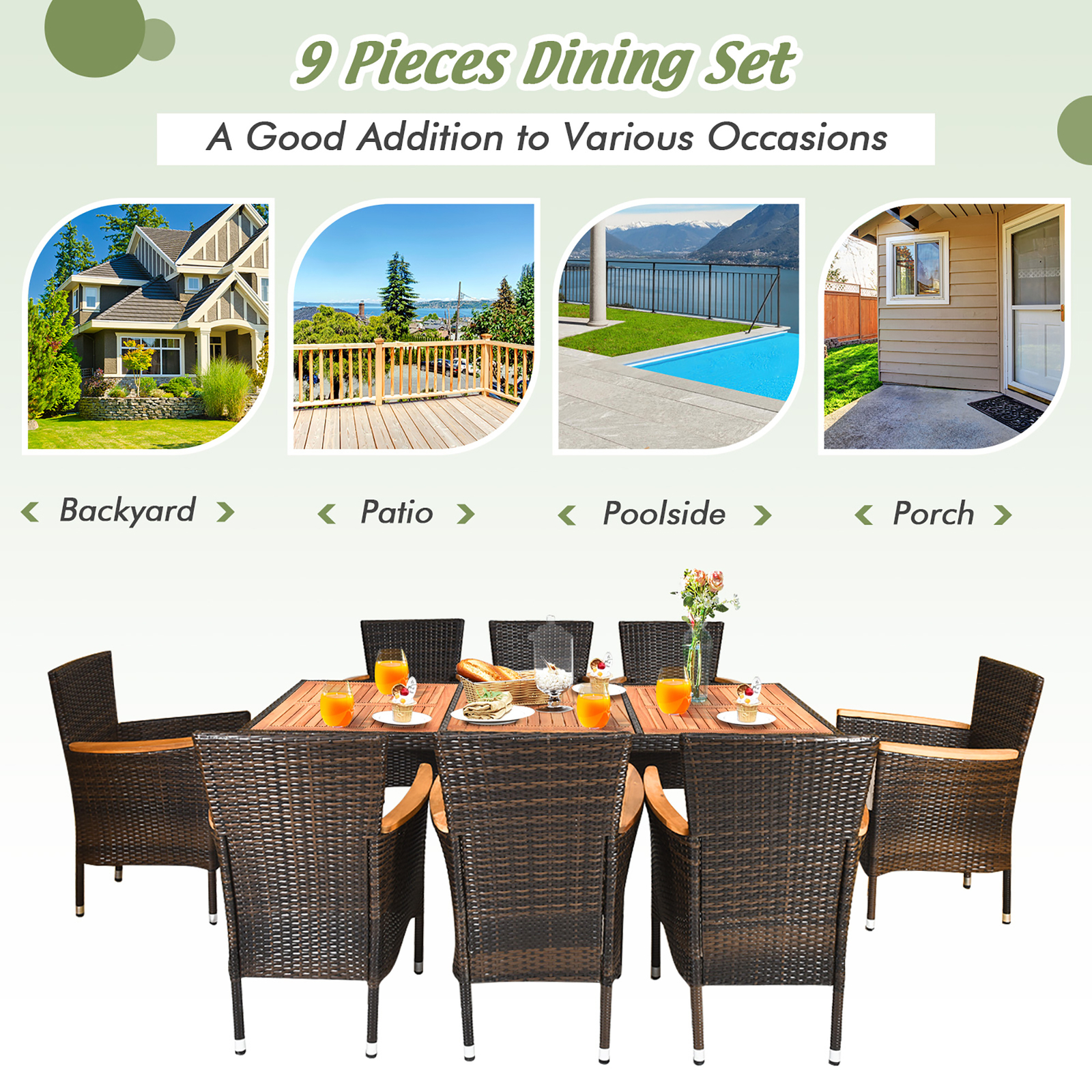 9PCS Rattan Patio Dining Set w/ 8 Stackable Cushioned Chairs Wooden Tabletop