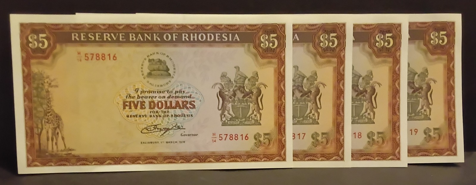 $5 Run of 4 Banknotes 1/3/ 1976 Reserve Bank of Rhodesia now Zimbabwe M/14 UNC ?