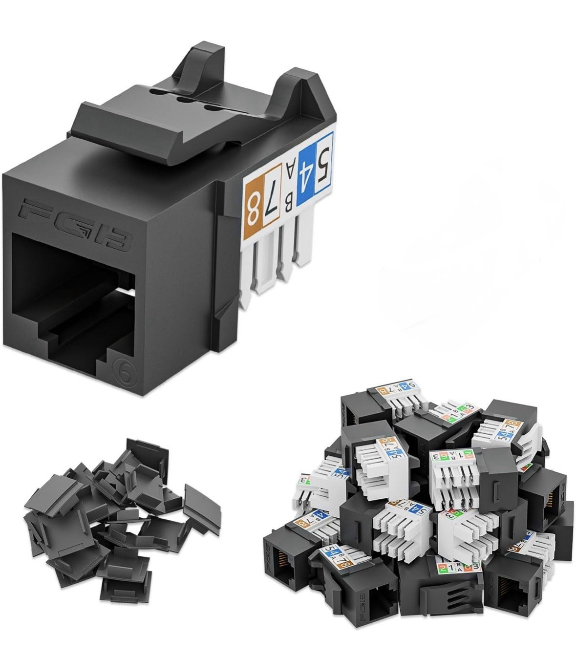 25pk FGB Slim Profile Cat6 RJ45 Keystone Jacks 90 Degree Ethernet 10 Gbps Black