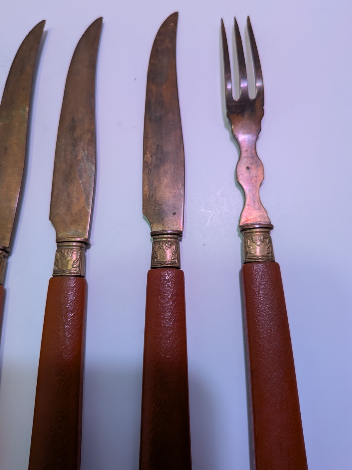 Vintage Red And Brass Fork And Knife Set 6 Ct