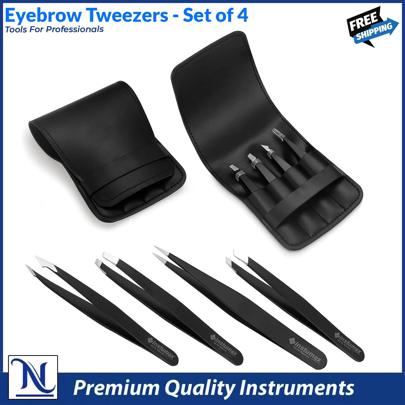 Professional Tweezers Set of 4-Piece Stainless Eyebrow Hair Pluckers + Case