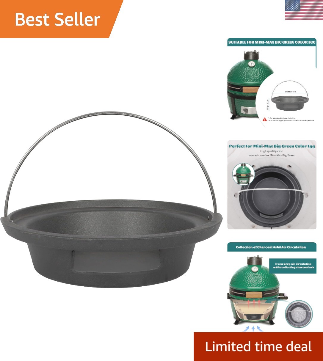 Compact Black Cast Iron Ash Pot for Mini-Max Green Egg - Quick Cleaning Tool