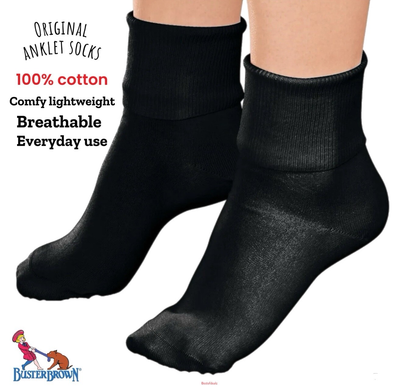 Women's BUSTER BROWN 100% Cotton Thin Fold over Bobby Crew Ankle Socks- 6 PAIRS