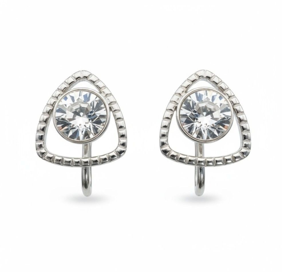 Silver Clip-On Earrings With Clear Crystals & Triangular Design