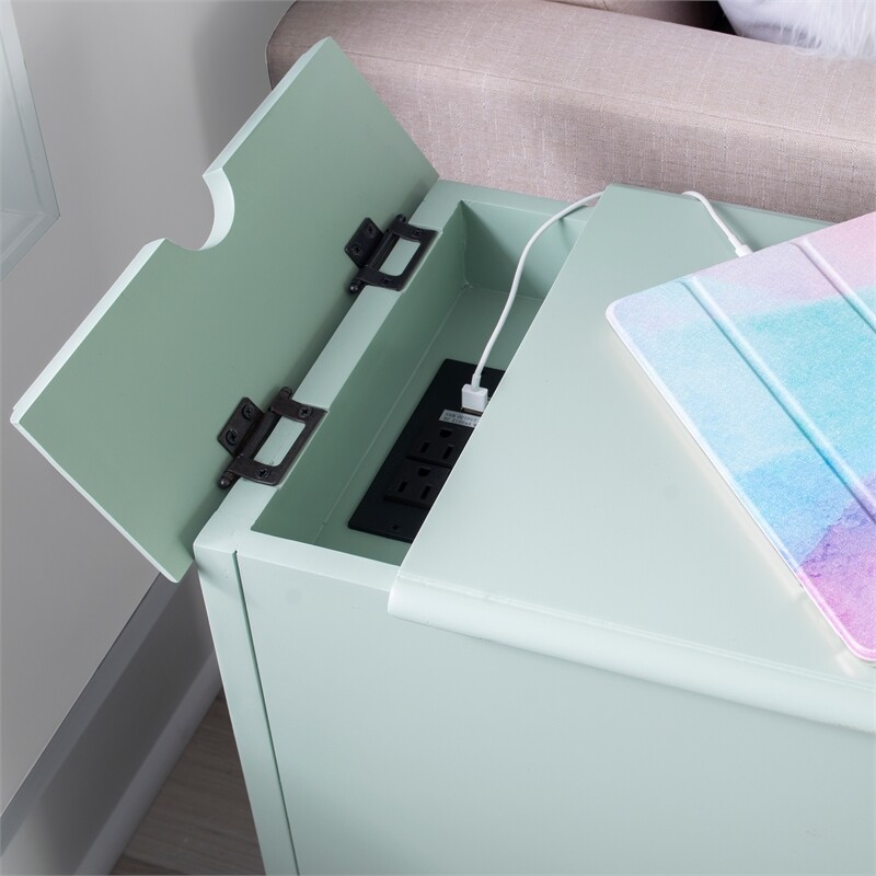 Linon Butler Wood Multi Function Storage Accent Table USB Charging in Aqua Blue