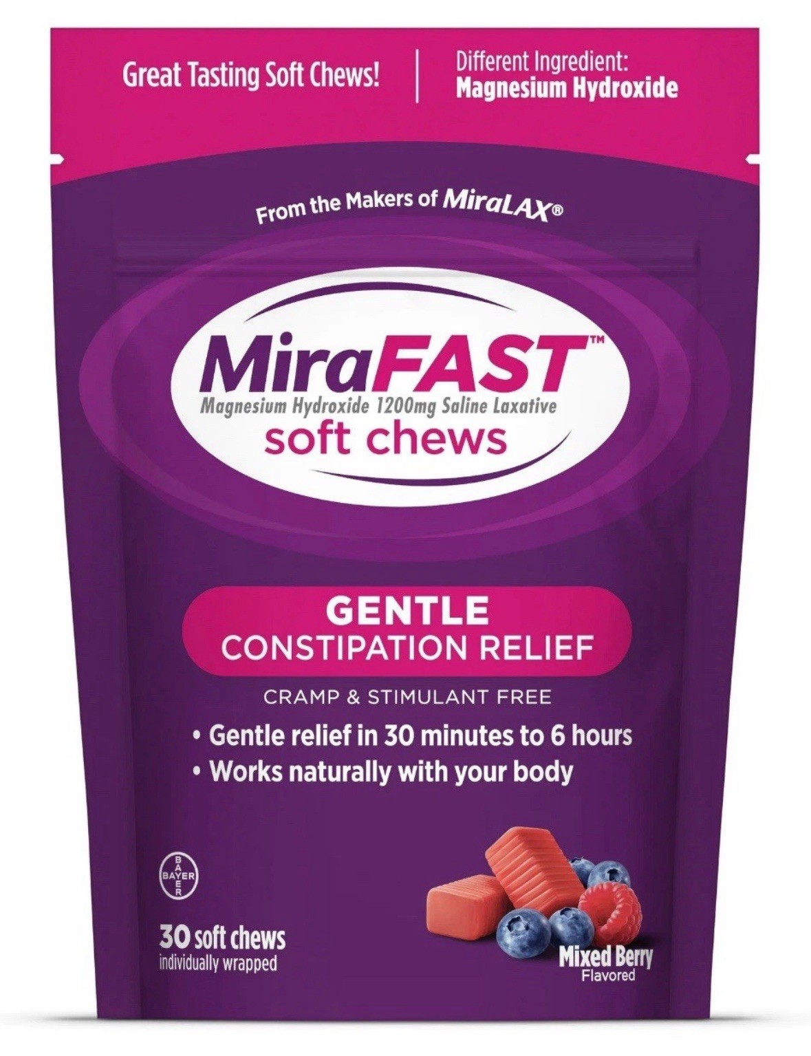 Constipation Relief Soft Chews: MiraFAST, Magnesium Hydroxide (30min-6hrs)