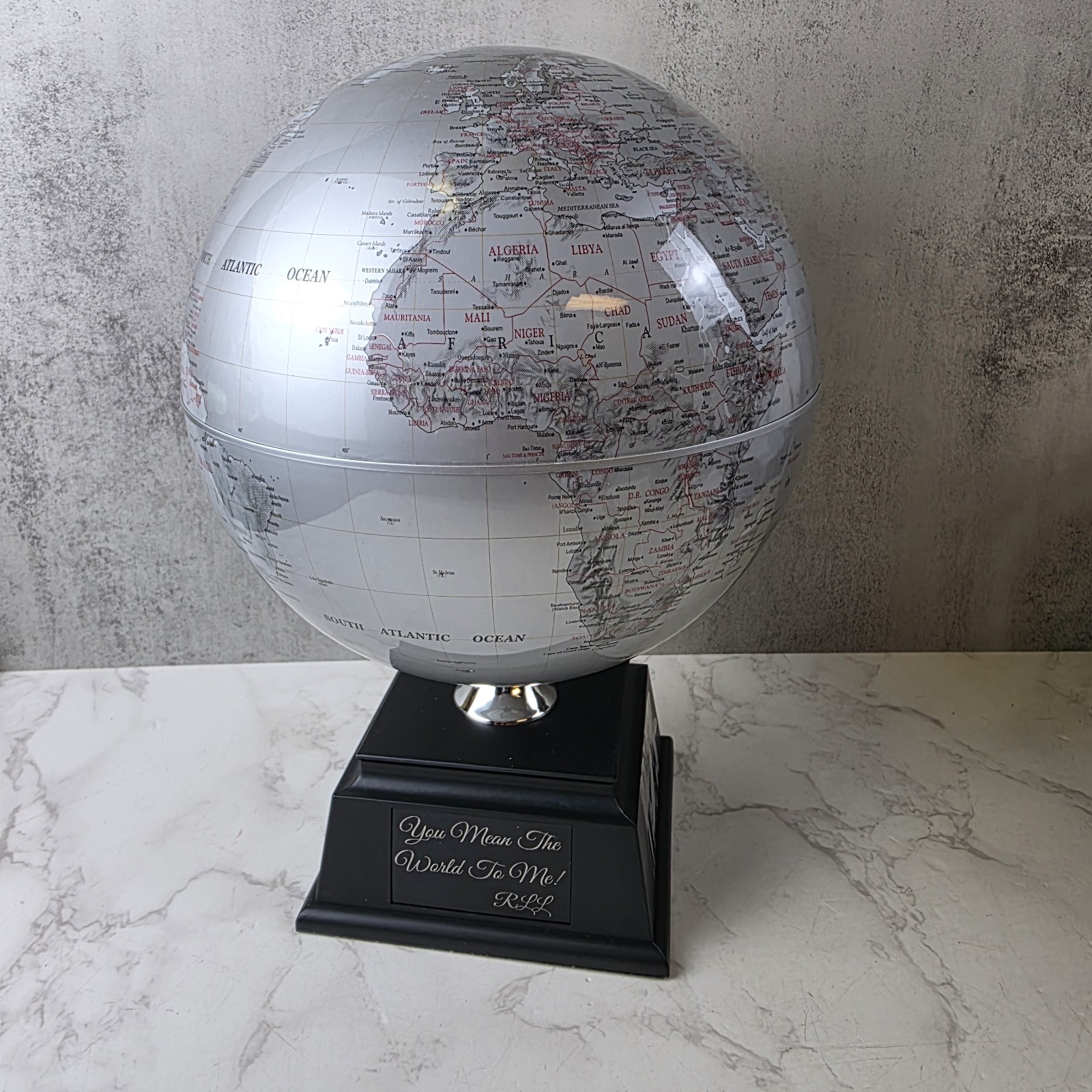 Things Remembered Solar Powered Globe Self Spinning With Black Base - Engraved