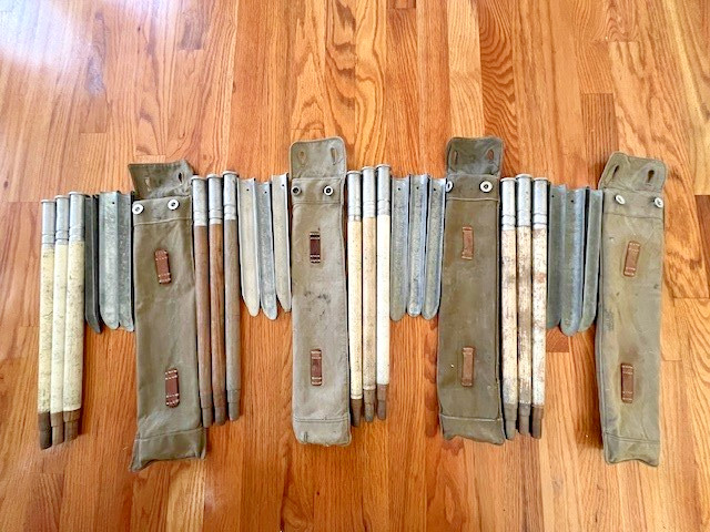 4 Sets of WW2 Swiss army tent poles and stakes w/bags. Vintage. Orig.