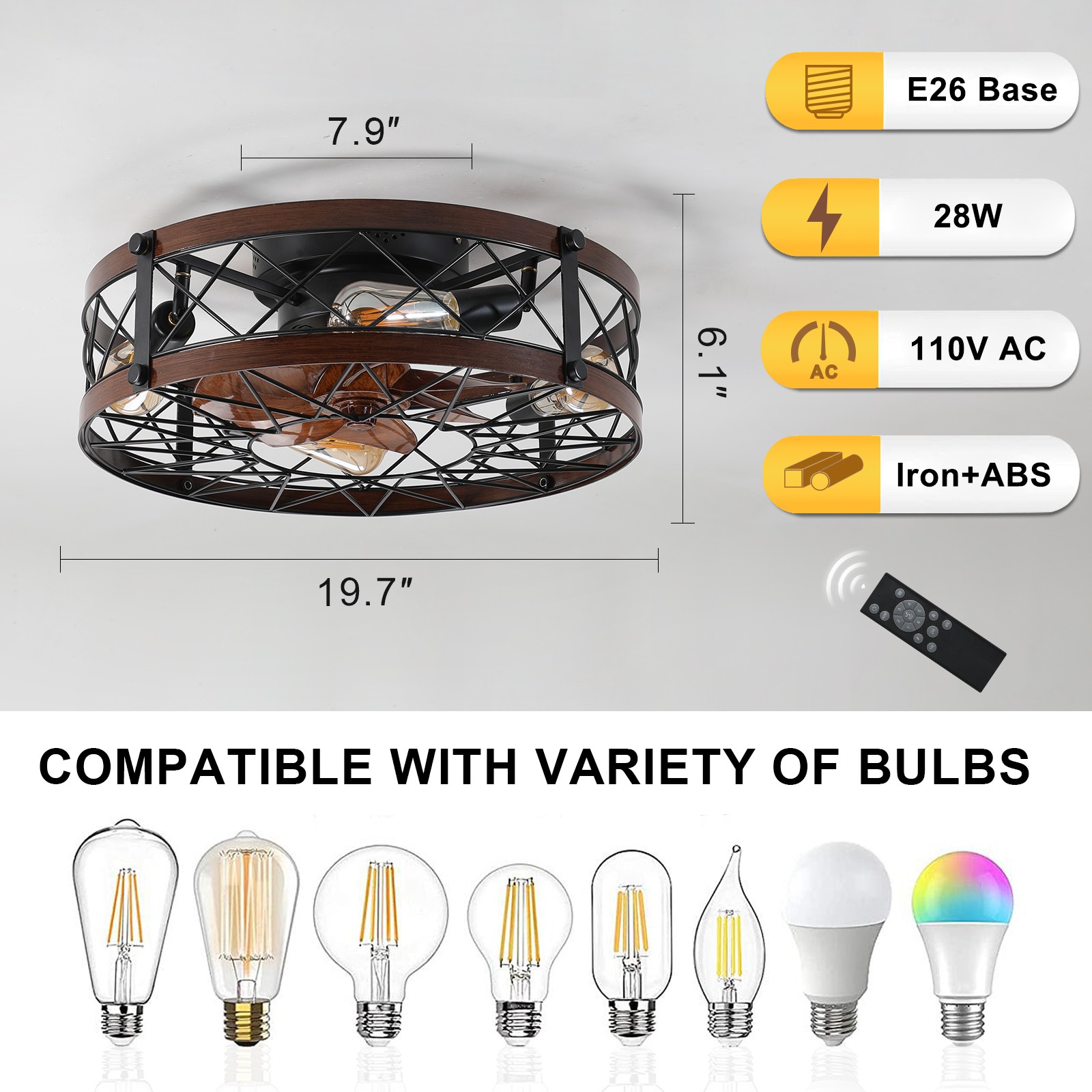 20 inch Rustic Black Caged LED Ceiling Fan with Light Flush Mount Remote Control