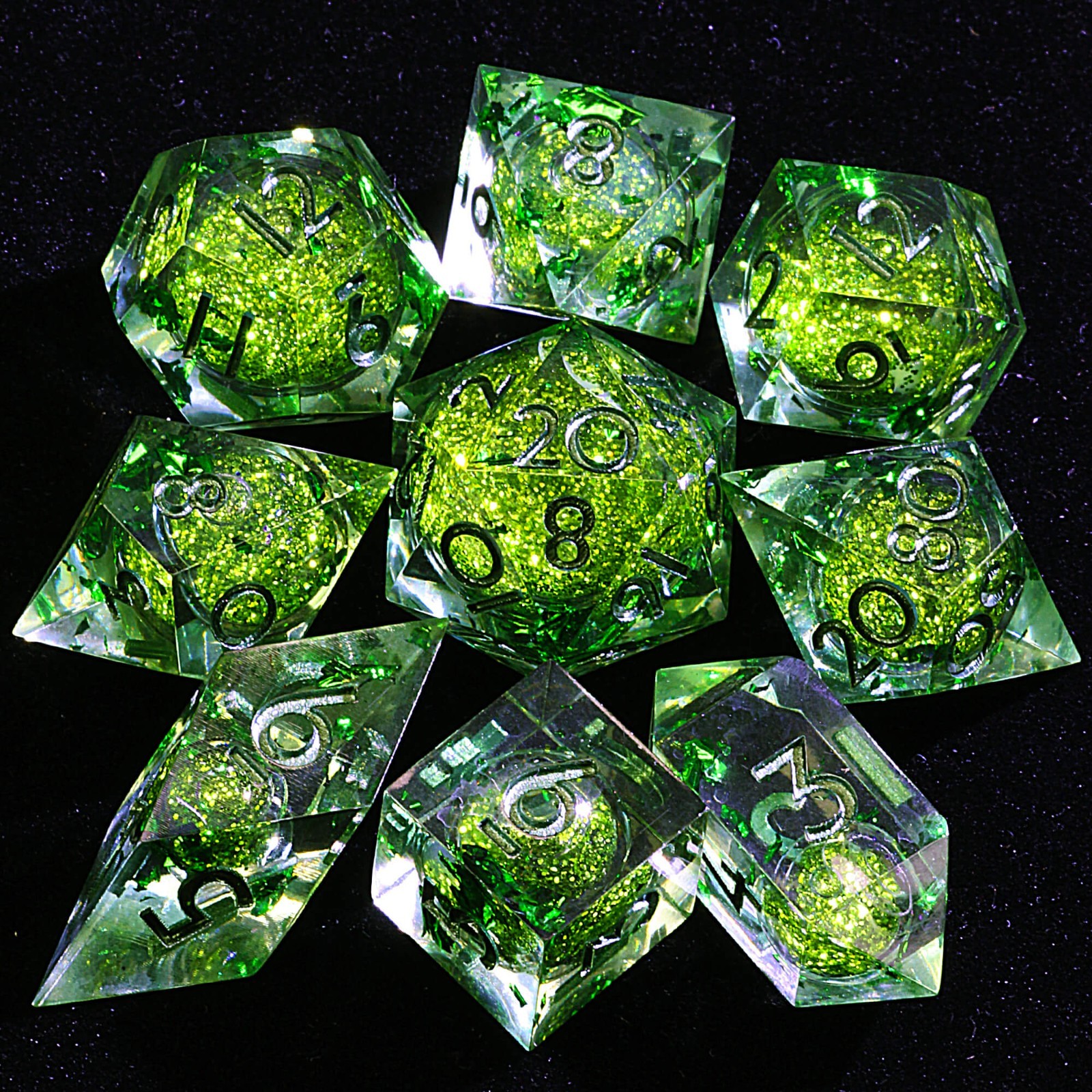 9 Polyhedral Resin Liquid Core D and D set of Dice Verdant Sand Jade