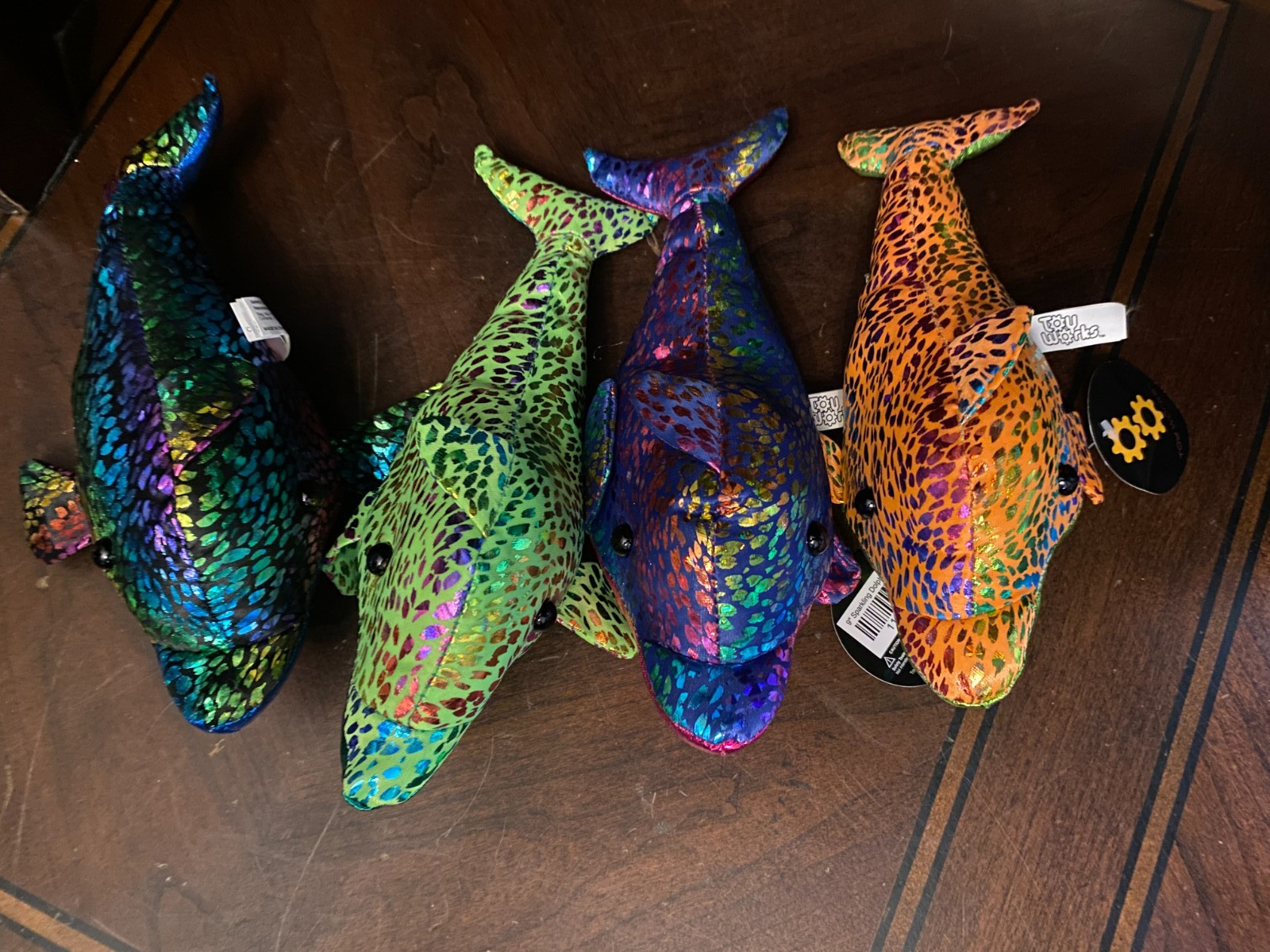 4 Sparkling Dolphin Plush 9" Toy Works Factory Stuffed Animal Lot Shiny Spotted