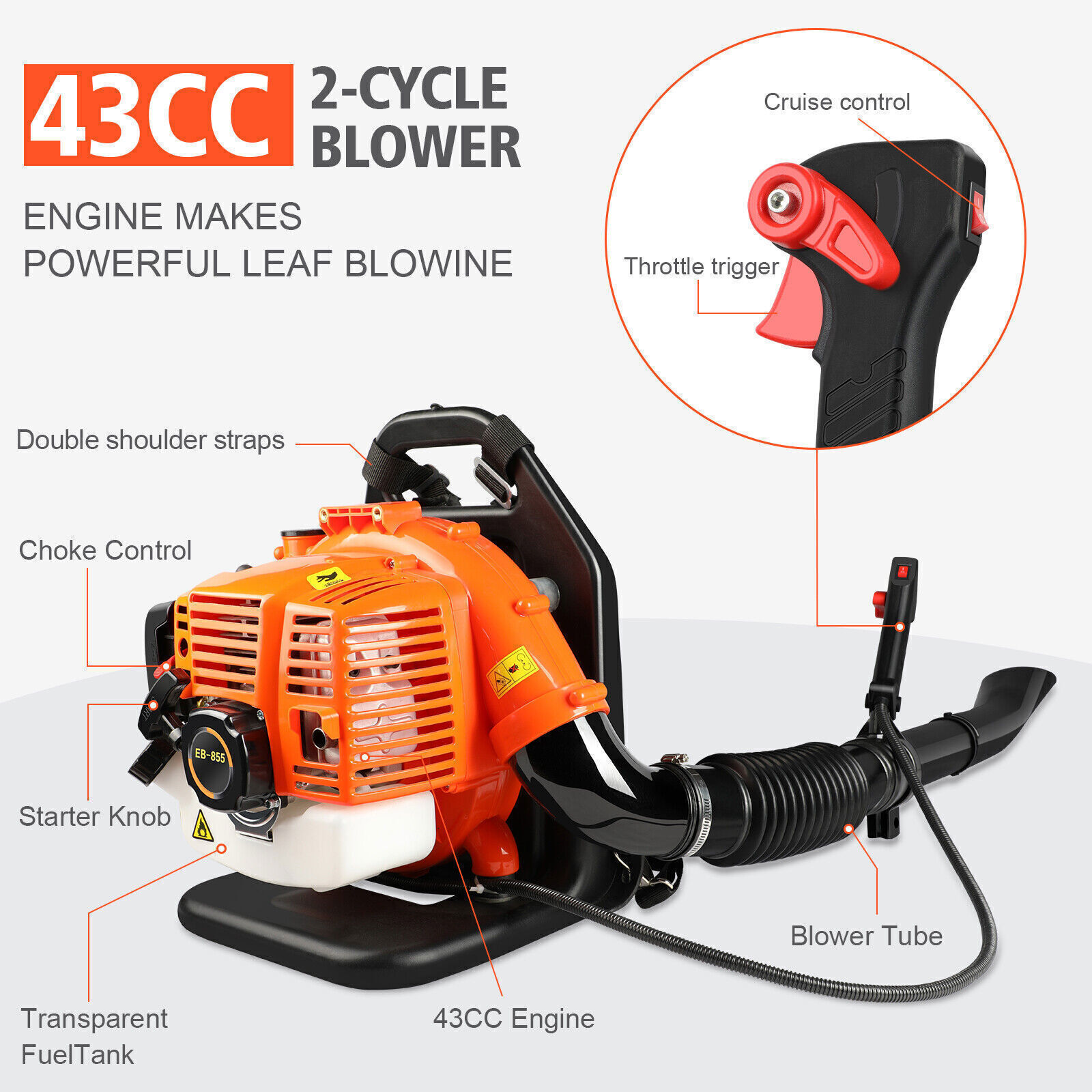 43CC 2-Stroke Gas Leaf Blower Backpack Gas Powered Snow Blower Cordless