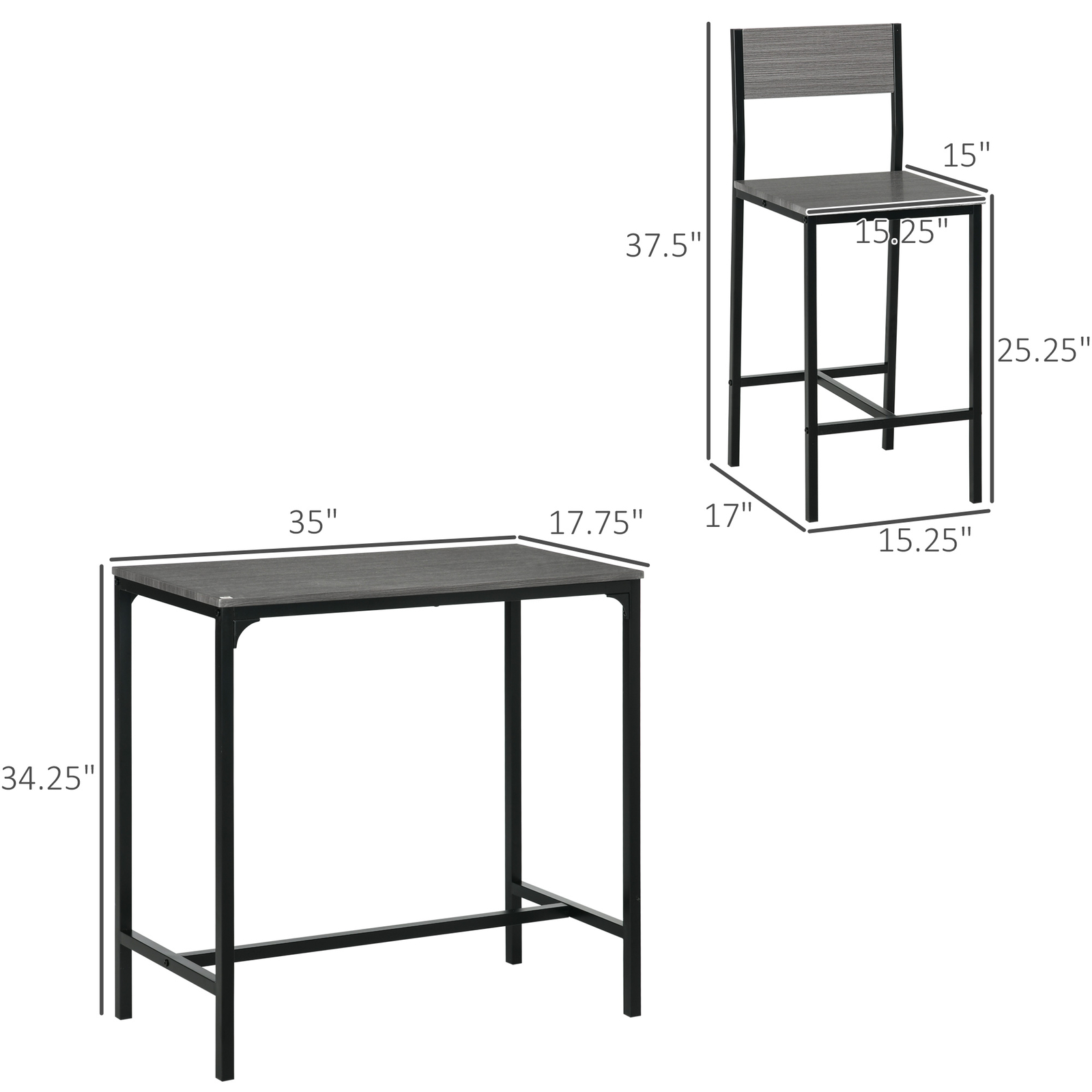 Industrial Counter-Height 3pc Bar Table High Back Stool for Dining Room