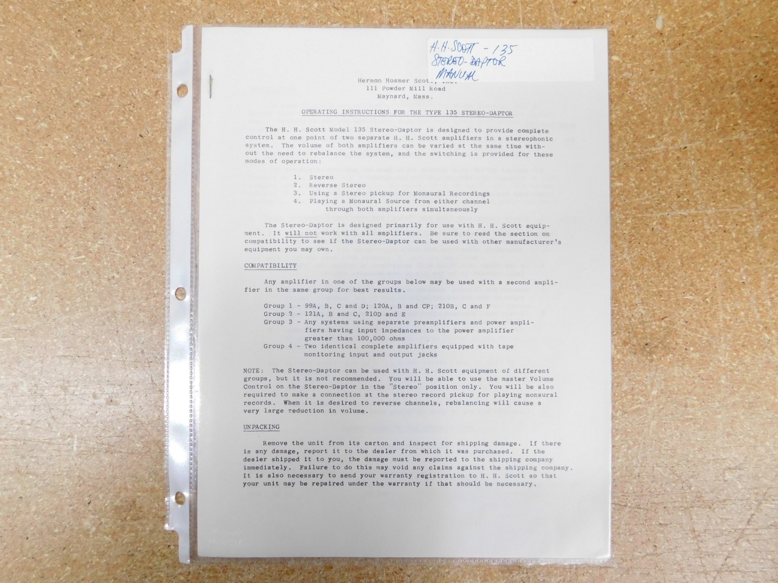 H.H. Scott 135 Stereo-Daptor Operating Instructions (original)