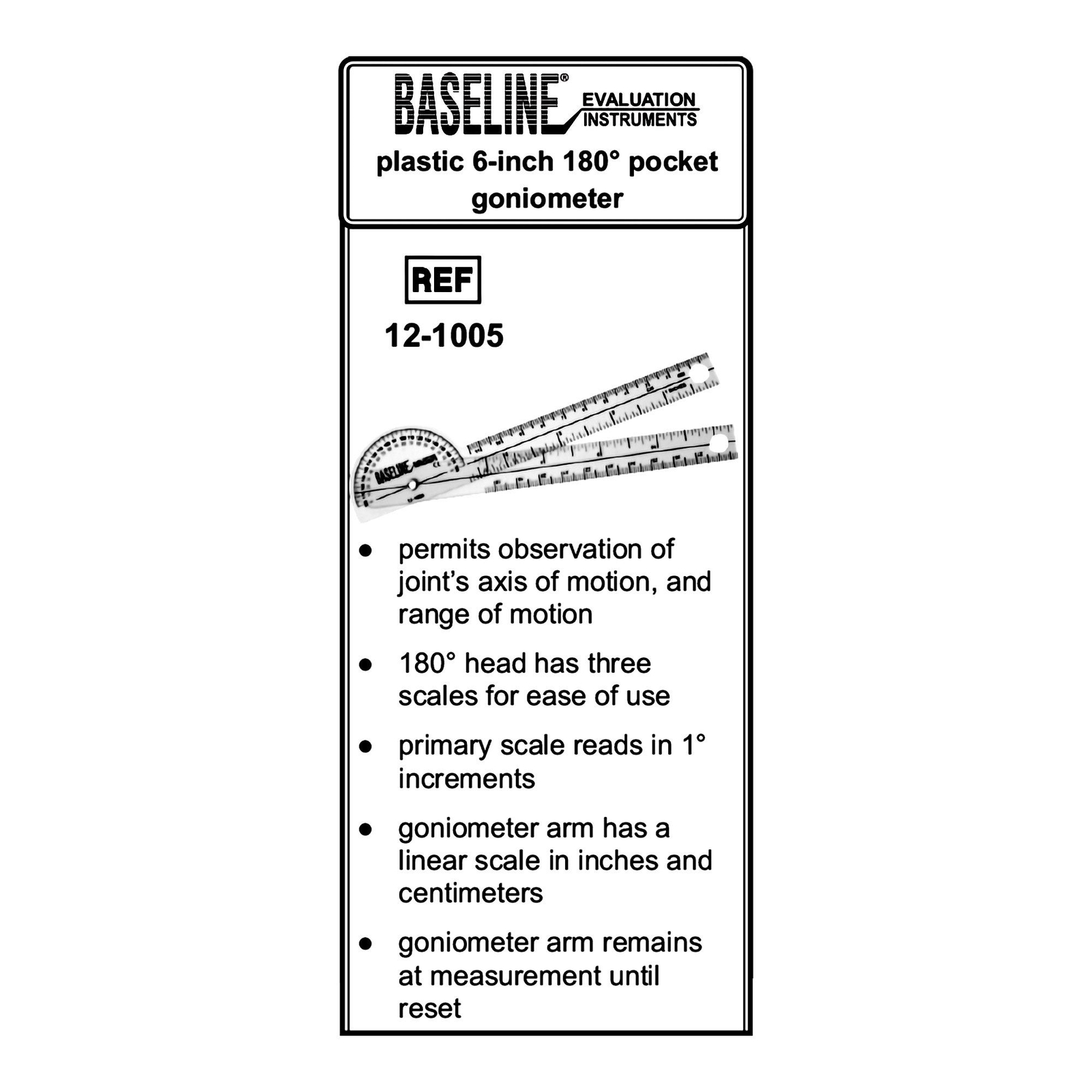 Baseline 180° Head Plastic Goniometer, 6 Inch Arms (Sold as EA/1)