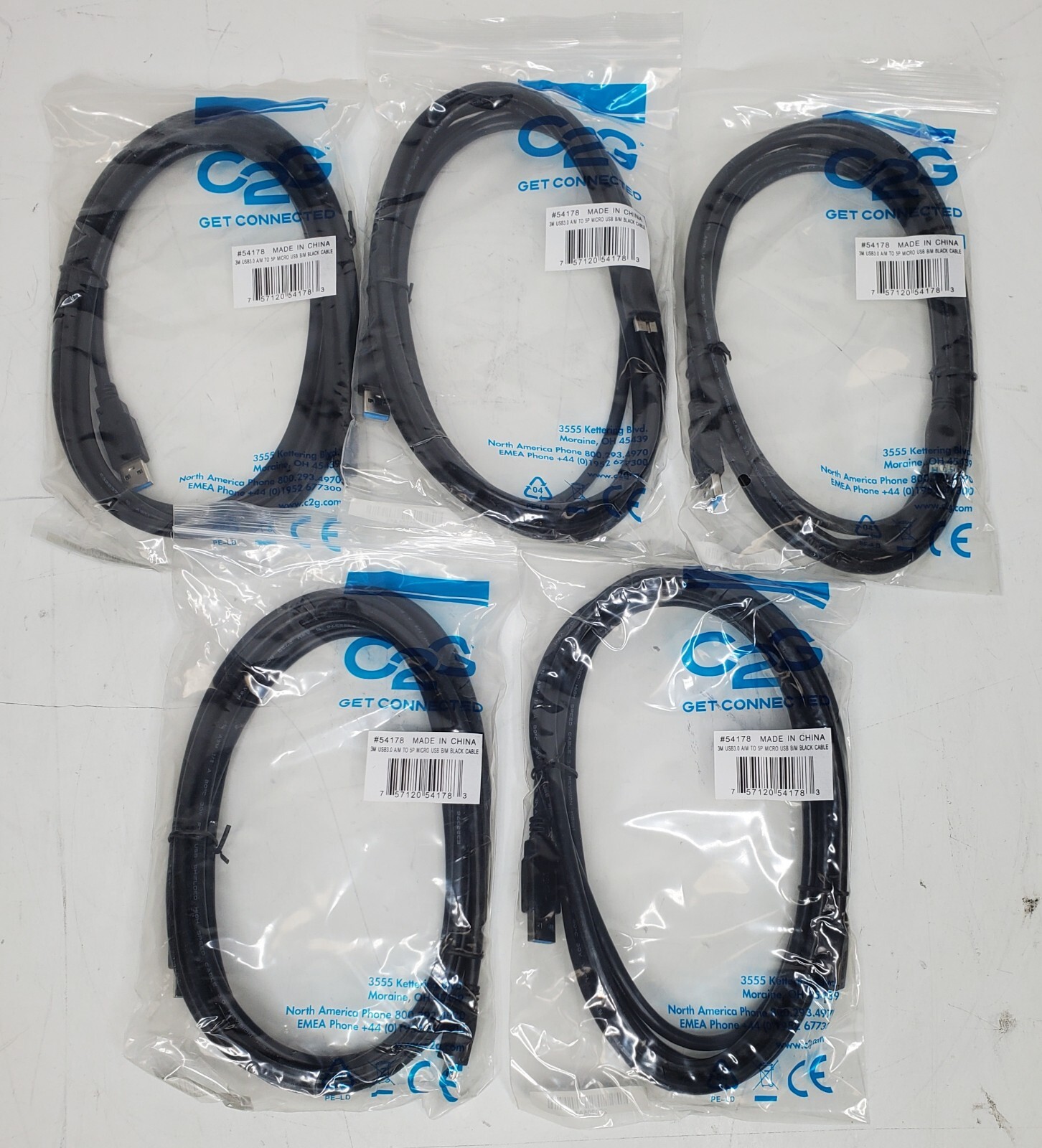 Lot of (5) C2G USB 3.0 A Male to Micro B Male 3m(9.8ft) Cable Super speed