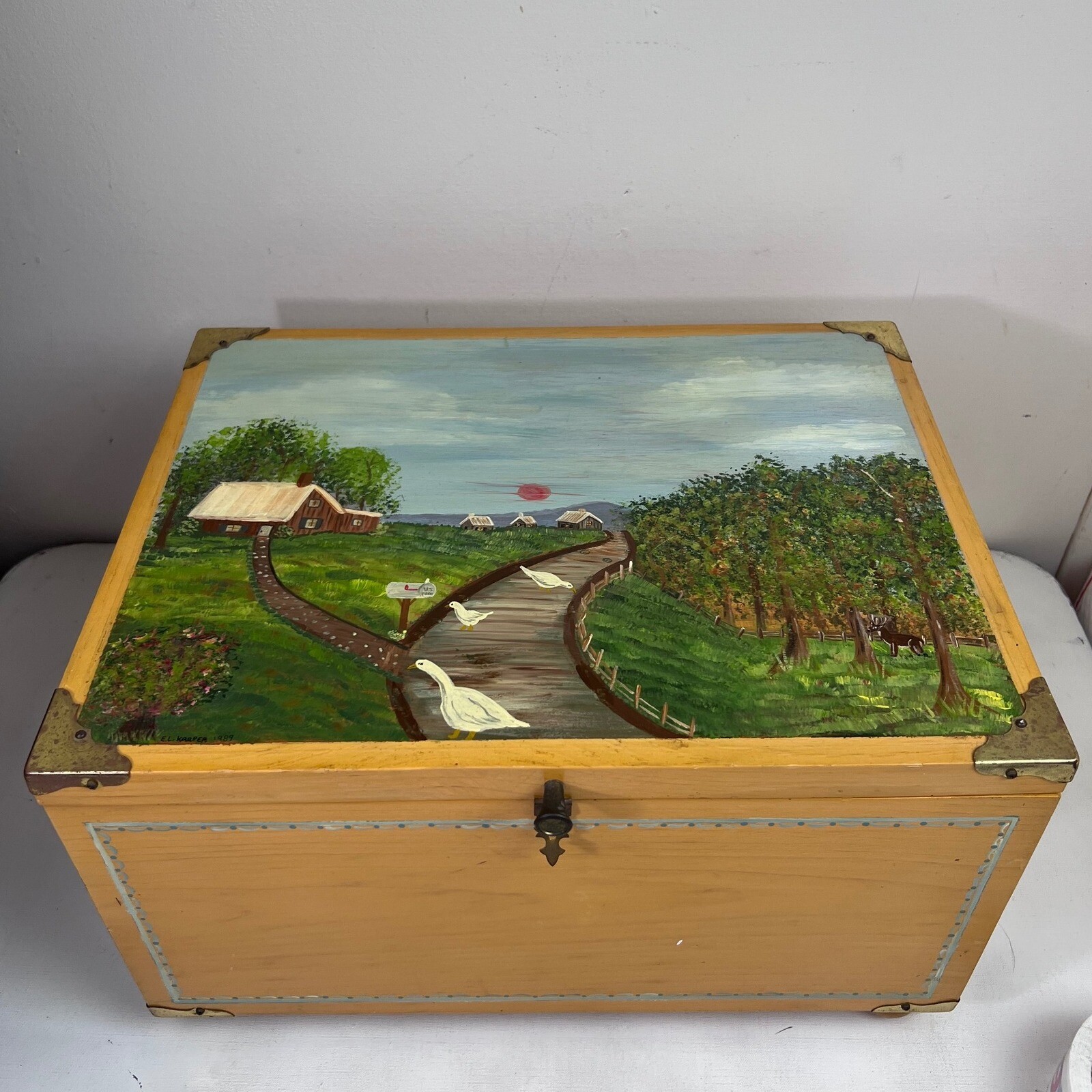 Vintage Tole Hand Painted Wooden Storage Trunk Folk Art Chest Geese Signed 1989