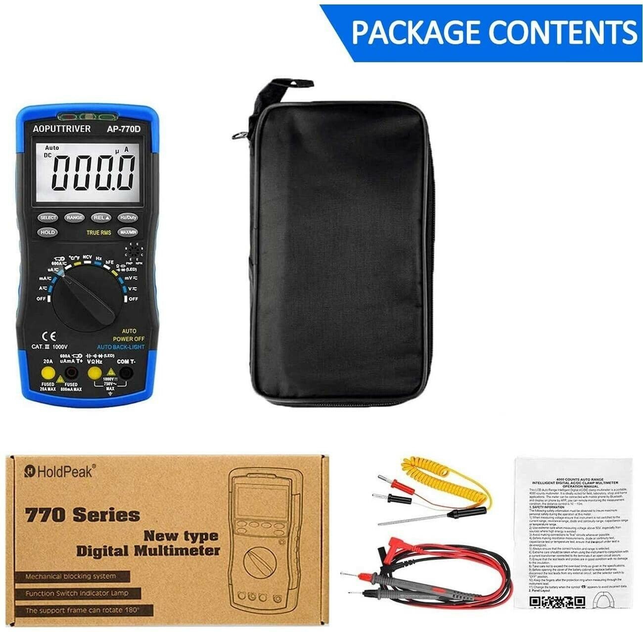 770D Multimeter 40000 Count TRMS AC DC Volt Apm Meter NCV hFE Continuity Test