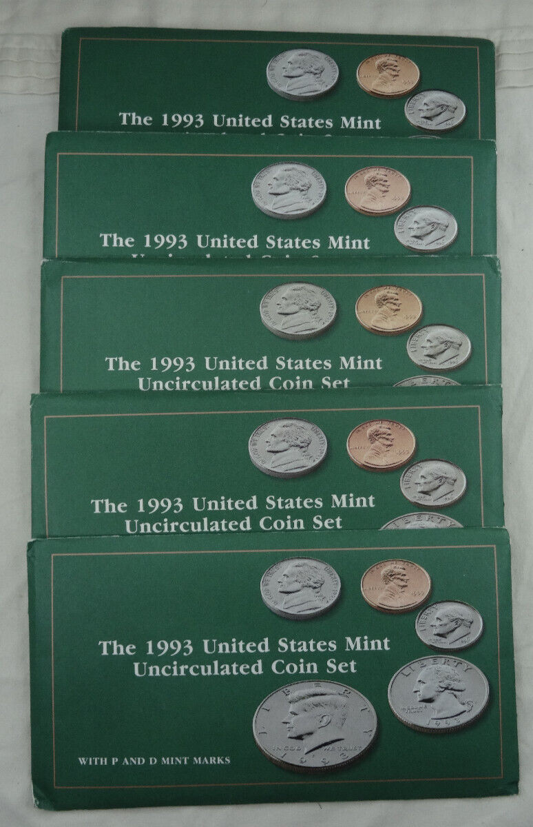 (5) 1993 P & D US Mint Uncirculated Sets 50 Coins OGP Original Envelopes BU