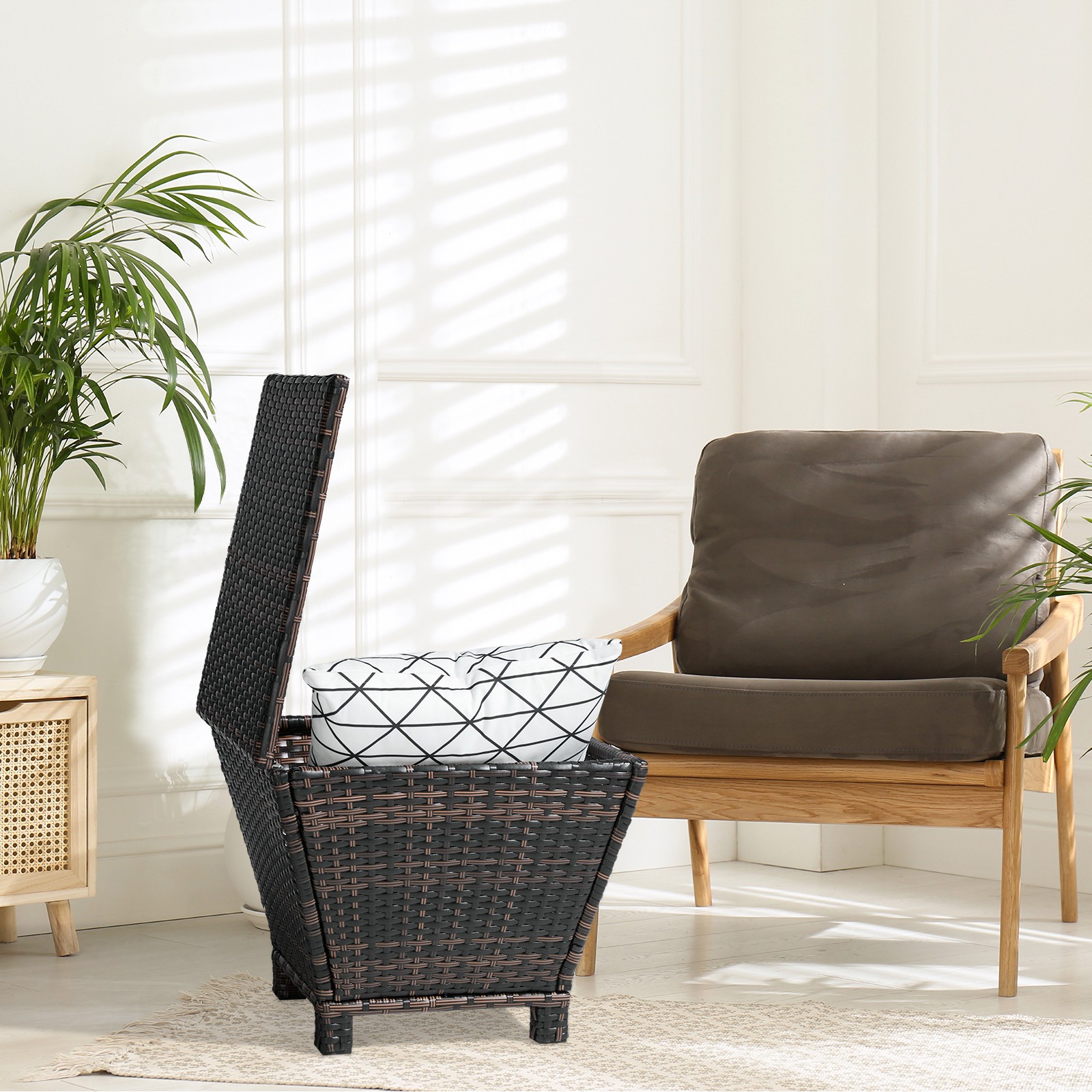 Outdoor PE Wicker Side Table with Storage, Small Patio Storage Bin Container