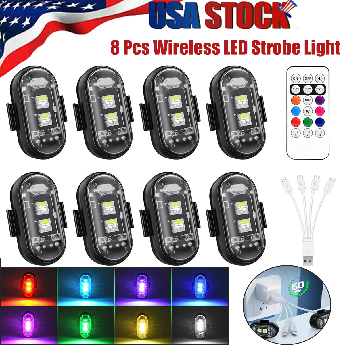 8PCS Wireless LED Strobe Light RGB 8 Colors Rechargeable Flashing Warning Lights