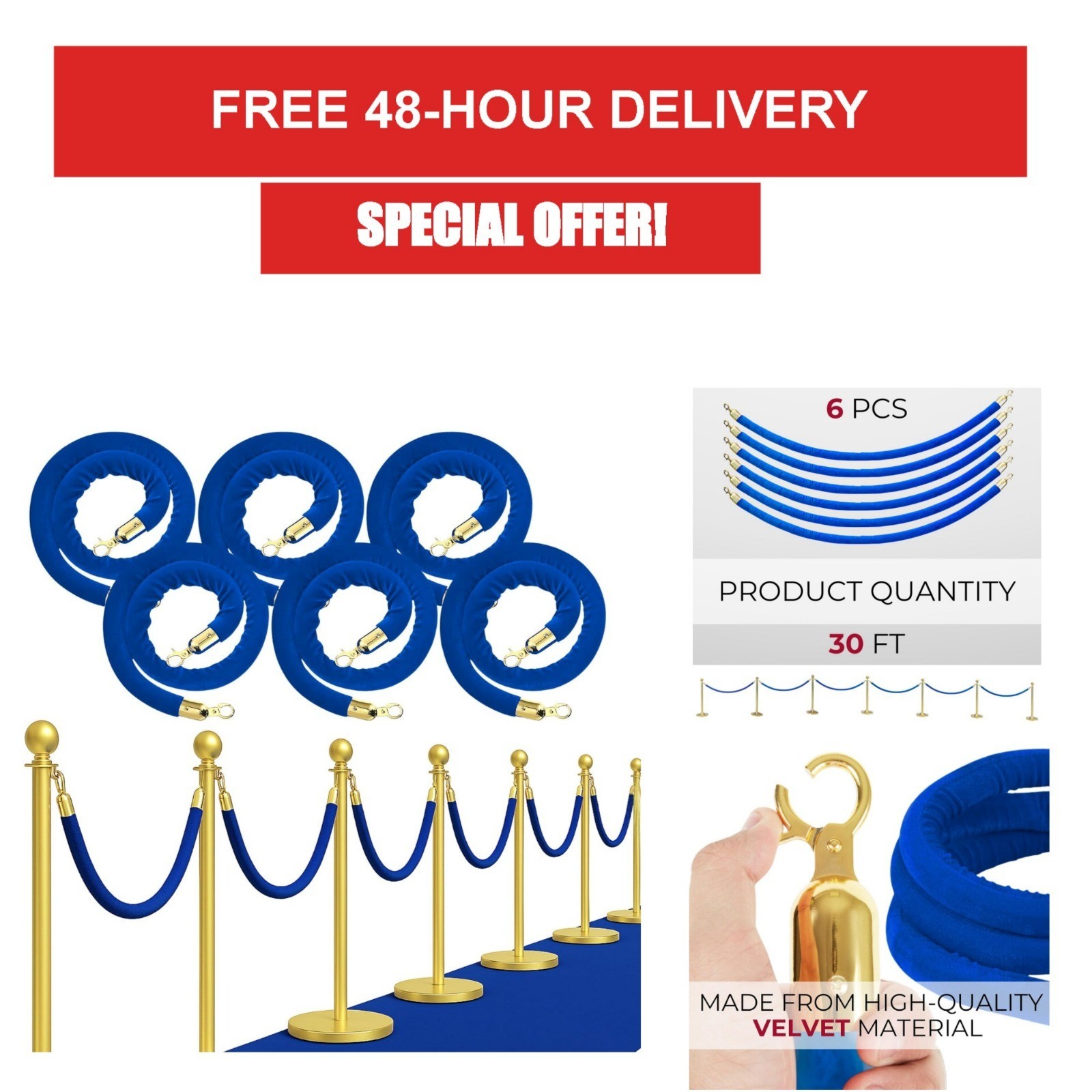 6PCS Blue Velvet Rope - 5FT Elegant Stanchion Barrier for Events