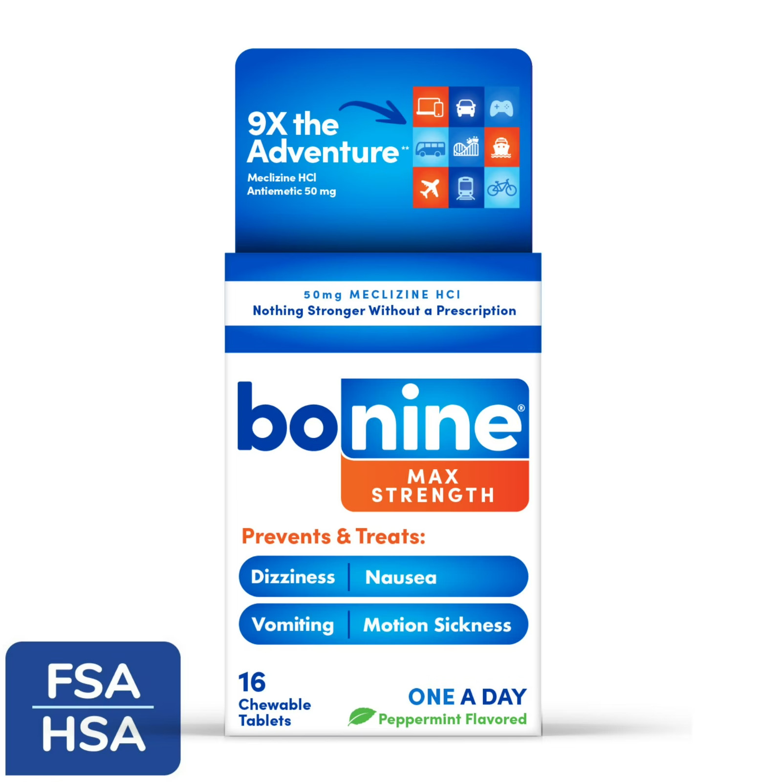 Bonine Max Strength Motion Sickness & Nausea Relief Chewable Tablets, Peppermint
