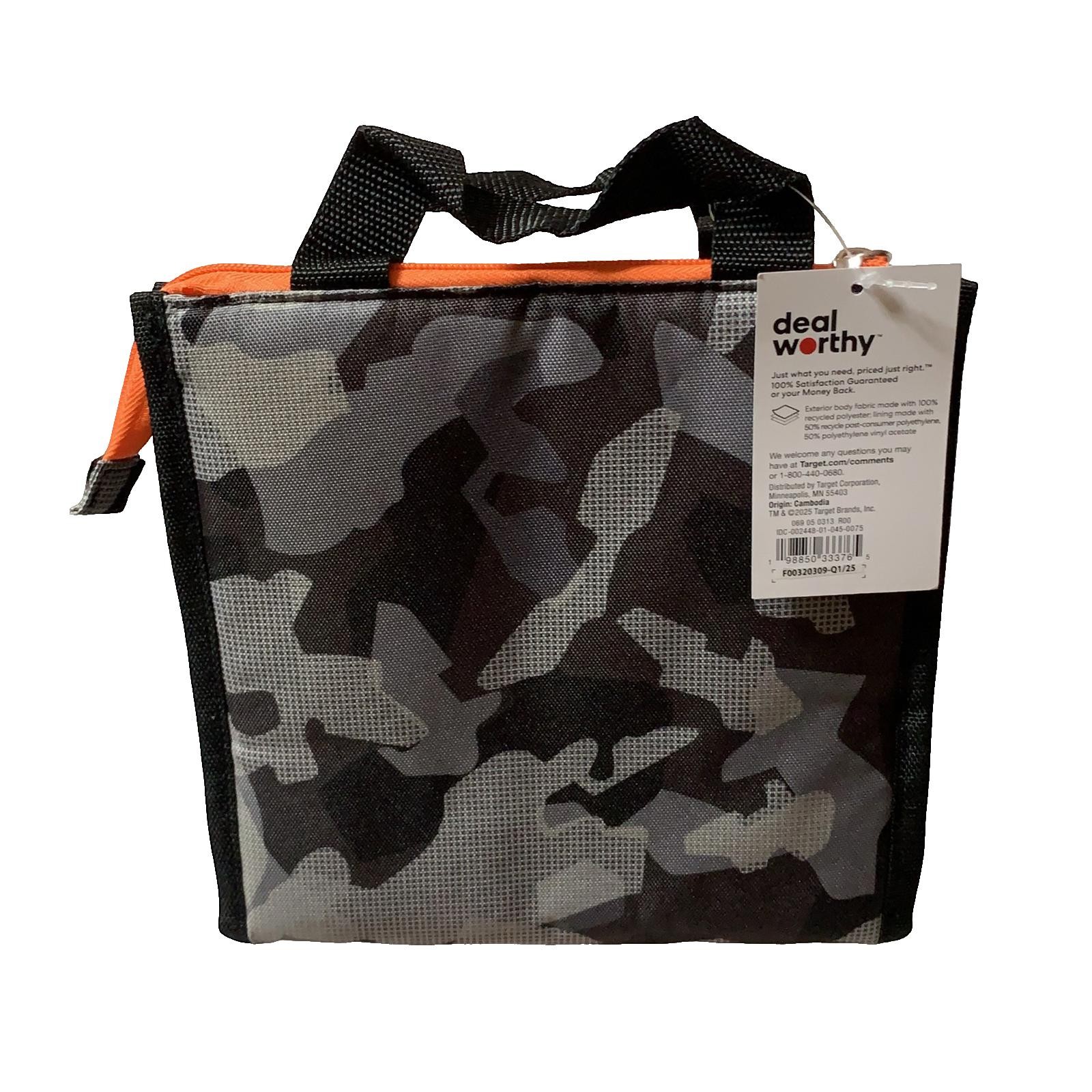 deal worthy Gray and Black Camouflage Insulated Lunch Bag with Orange Zipper NEW