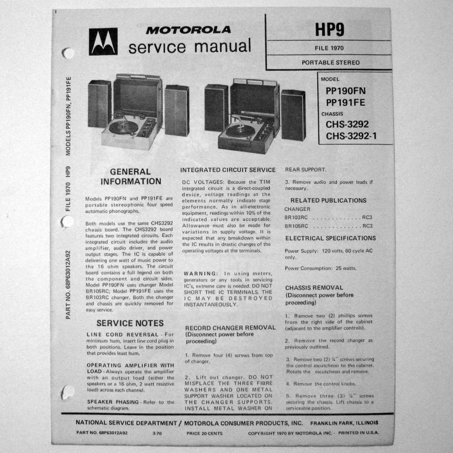 Motorola ® Models PP190FN PP191FE Portable Record Player Service Manual © 1970