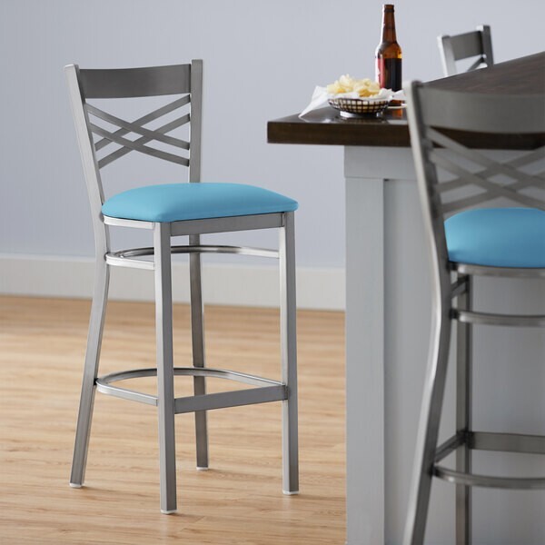 10 PACK Cross Back Clear Coat Metal Restaurant Barstool With Blue Vinyl Seat