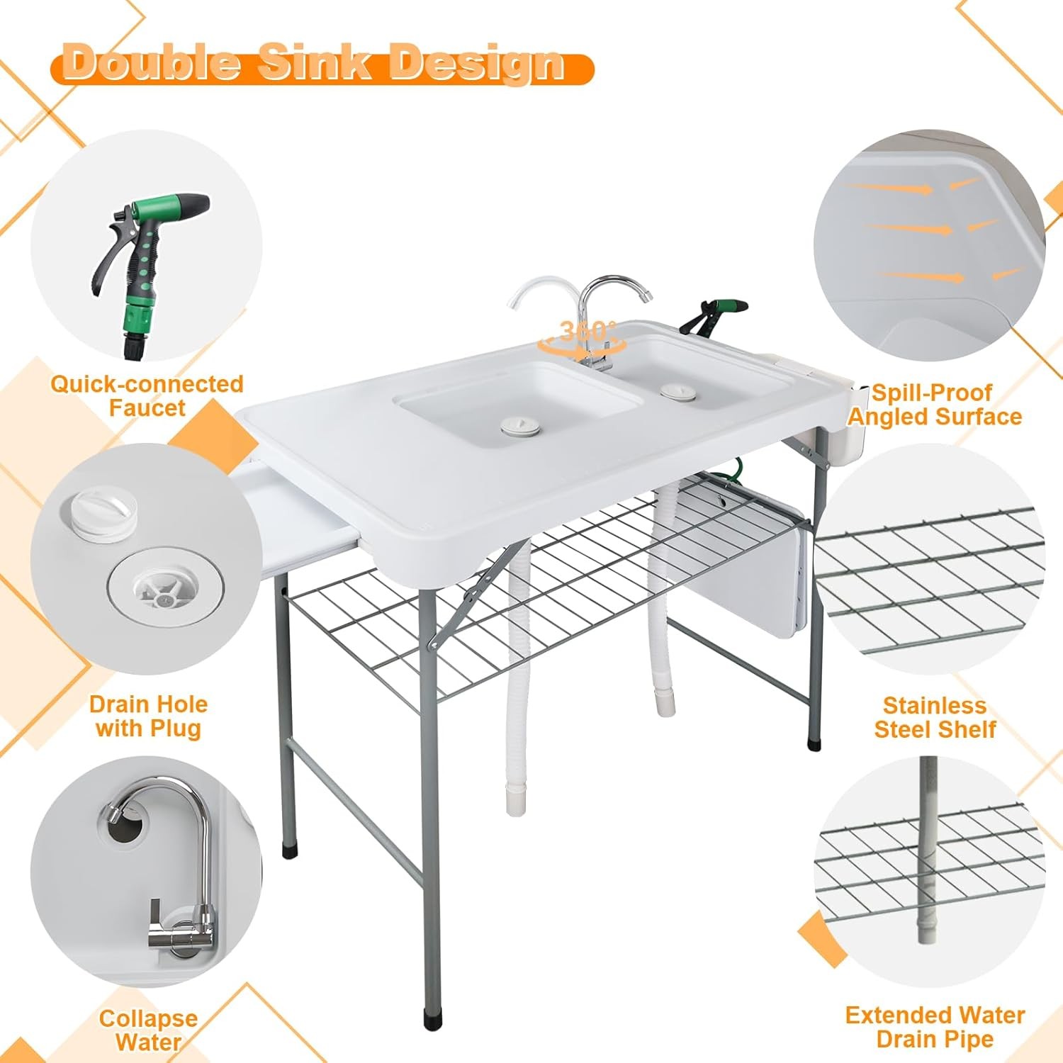 Fish Cleaning Table with 2 Sinks & Grid Rack - 42.5” Outdoor Fish Fillet Clean