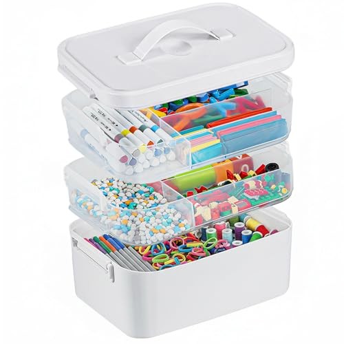 3-Layer Plastic Craft Organizers and Storage Box with 10.6 X 7.6 X 9 in White
