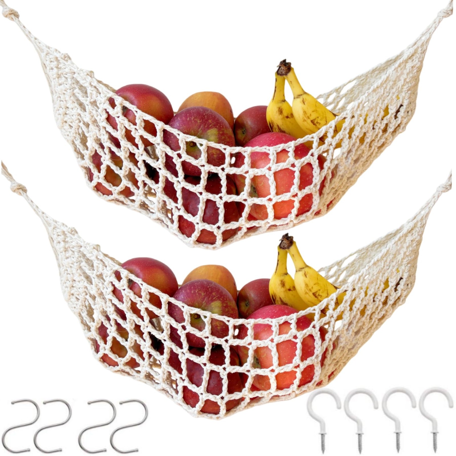 Tullace 2-Pack Hanging Fruit Hammock with Hooks - Macrame Under Cabinet Ivory